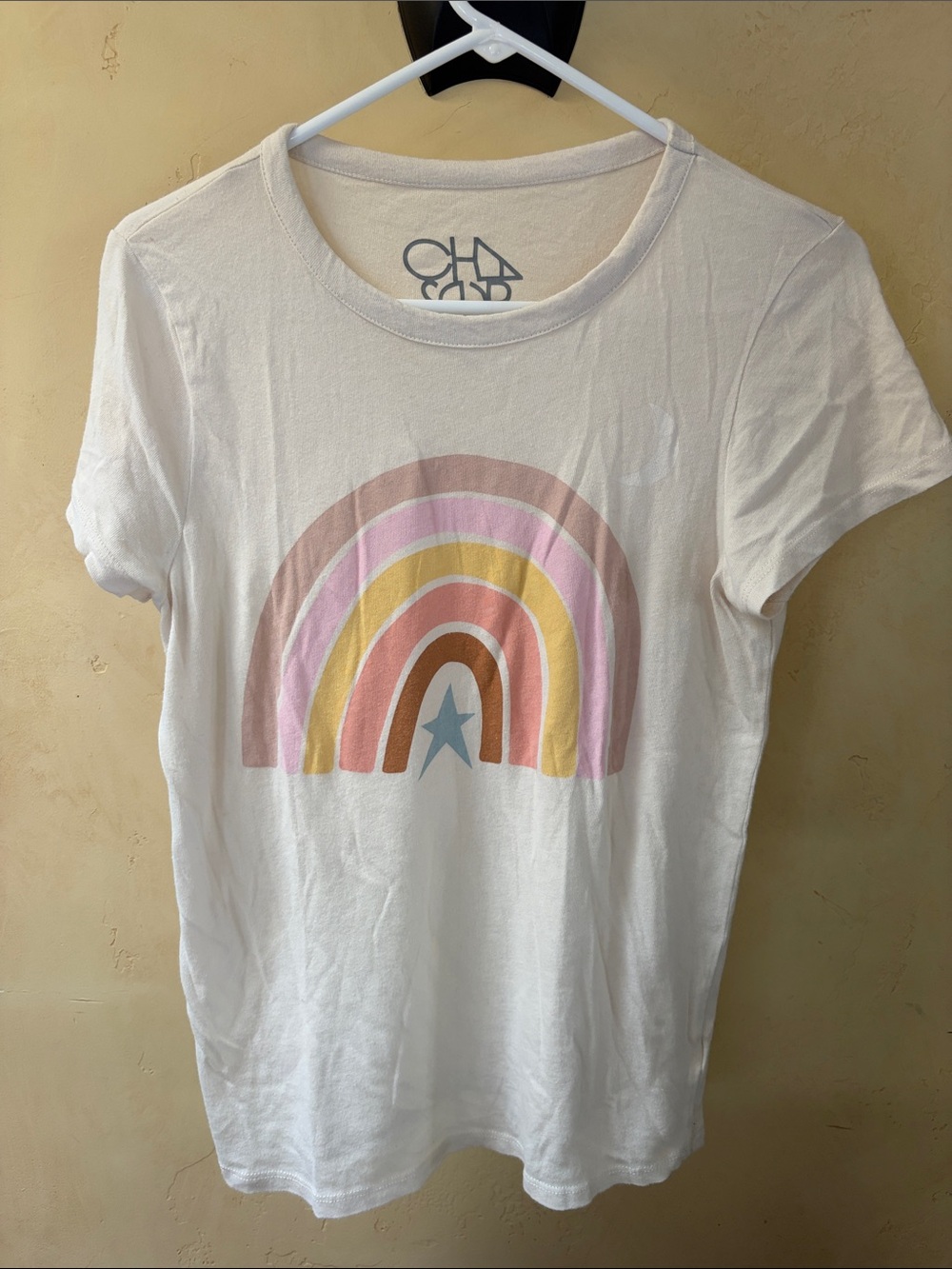 Sz L Chaser Cream Soft Tee with Pastel Rainbow and Blue Star Graphic